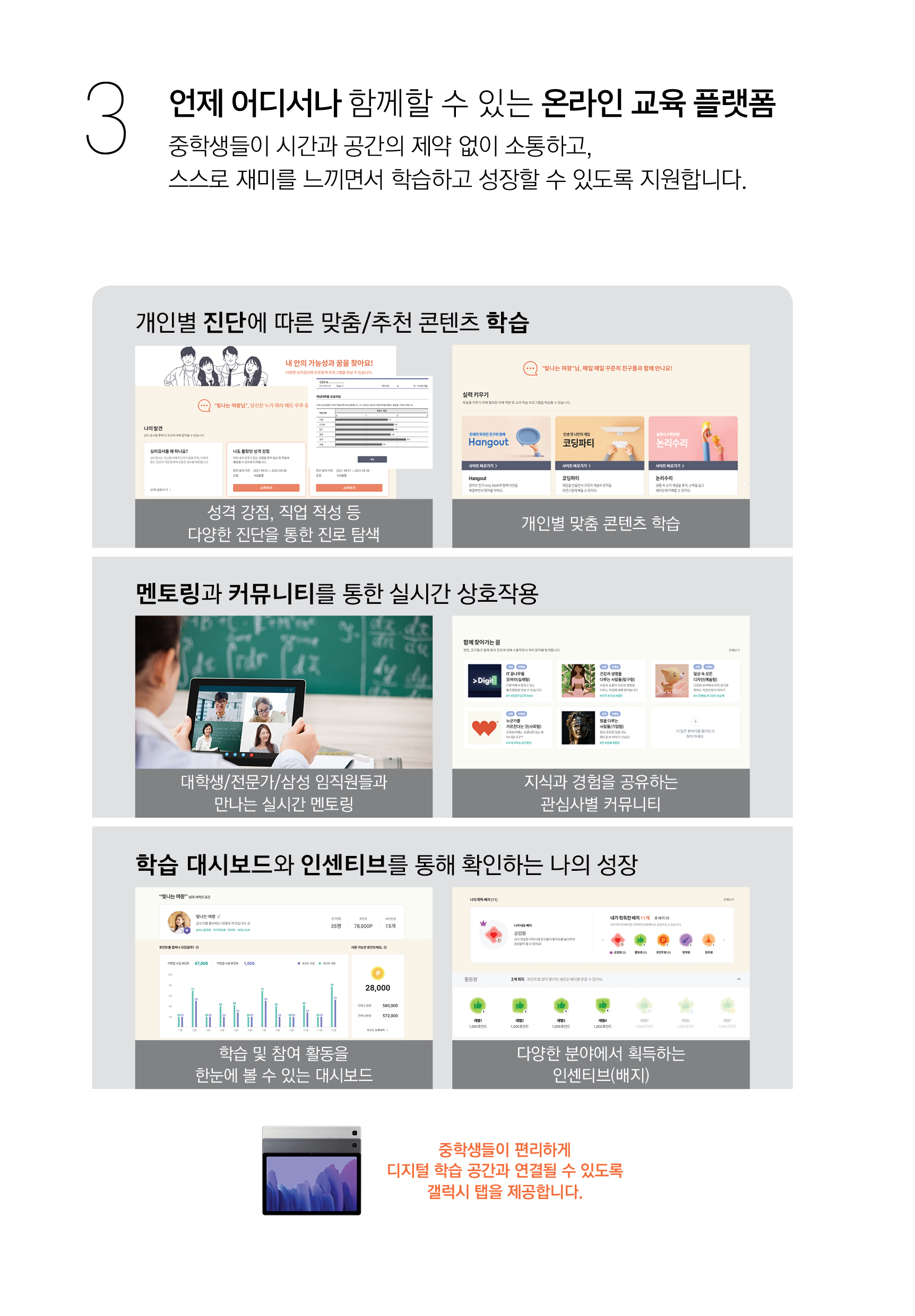 3 언제 어디서나 함께할 수 있는 온라인 교육 플랫폼 중학생들이 시간과 공간의 제약 없이 소통하고, 스스로 재미를 느끼면서 학습하고 성장할 수 있도록 지원합니다. 개인별 진단에 따른 맞춤/추천 콘텐츠 학습 멘토링과 커뮤니티를 통한 실시간 상호작용 학습 대시보드와 인센티브를 통해 확인하는 나의 성장 중학생들이 편리하게 디지털 학습 공관과 연결될 수 있도록 갤럭시 탭을 제공합니다.